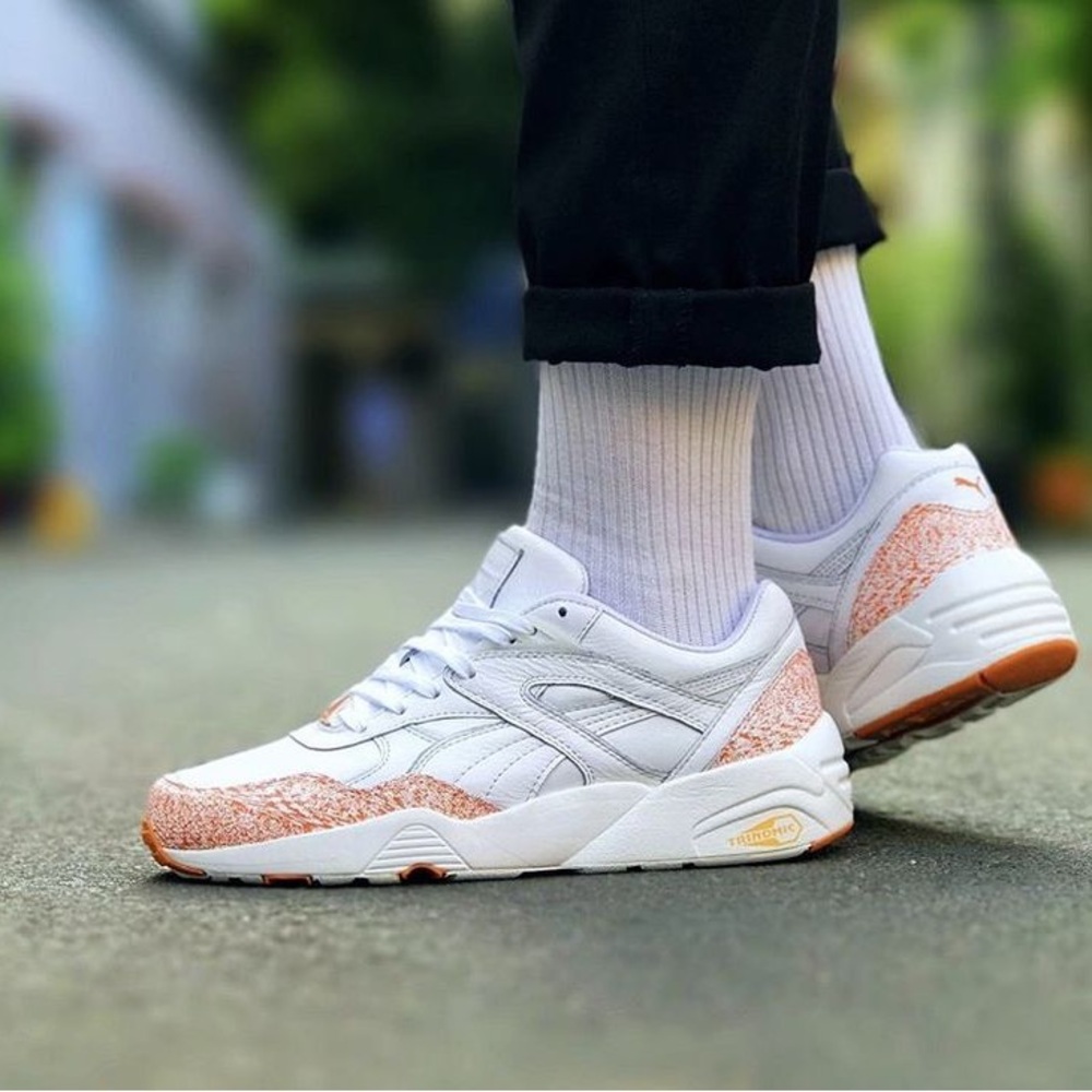 Puma White and Orange Sneakers with Knit Upper and Cushioned Midsole